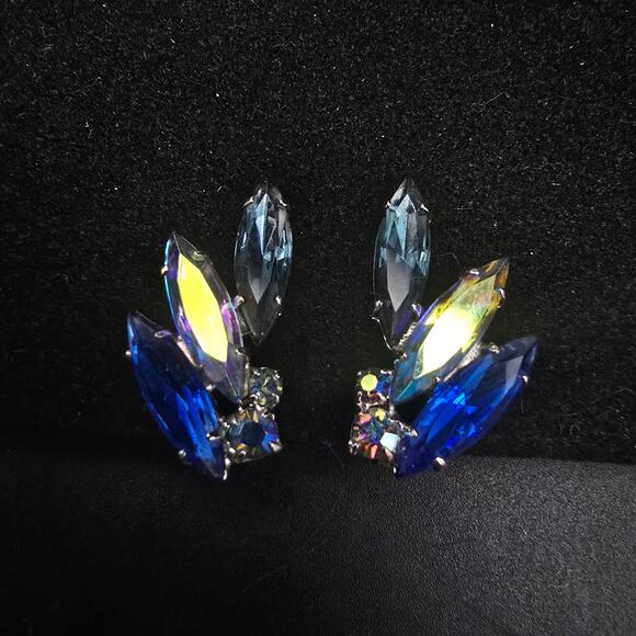 Blue Czech Glass Rhinestone Clip On Earrings Aurora Borealis Vintage - Picture 1 of 9